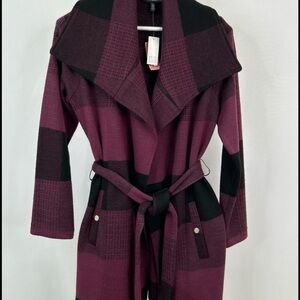 White House Black Market Burgundy and Black Plaid Coat